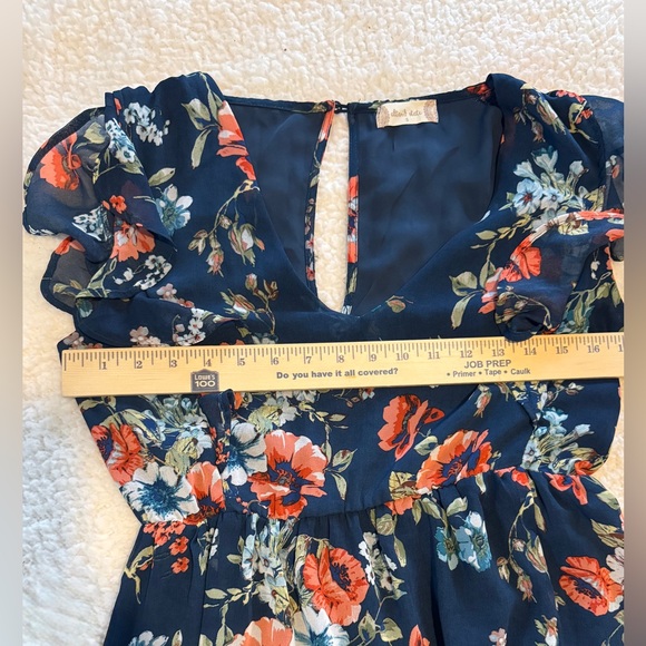 Navy Floral Maxi Dress Flutter Sleeve V Neck Smocked Waist Ruffle Hem - Picture 9 of 12